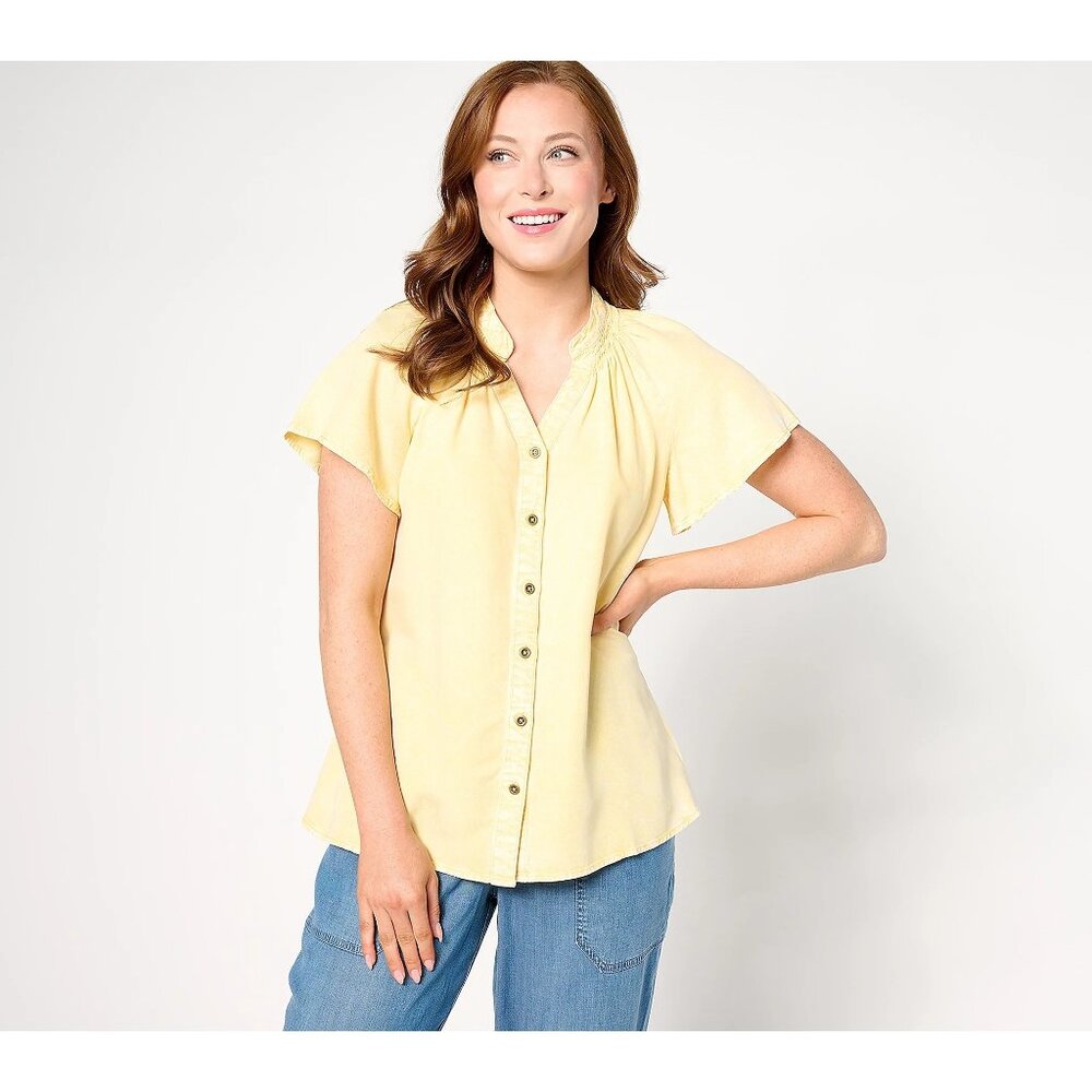 AnyBody Shirt Size Medium Tencel Acid Wash Flutter Sleeve Pineapple Yellow NEW